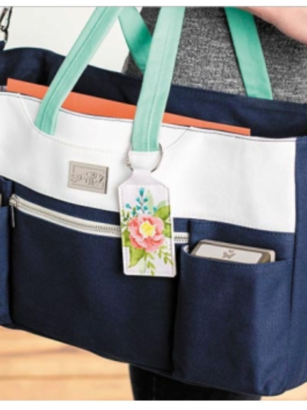 Stampin Up Navy & White Canvas Tote with Mint Handles Tote Bag Craft & Carry